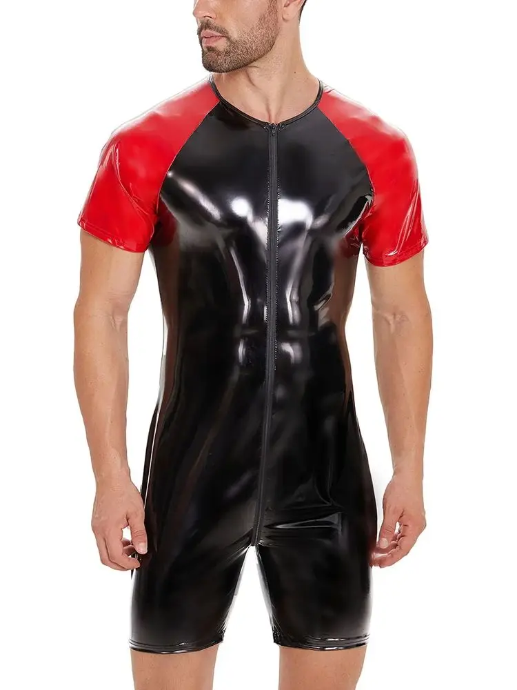 S-7XL Short Sleeve Shiny Faux PU Leather Zipper Open Crotch Bodysuit Wet Look PVC Catsuit Tights Hot Shapers Leotard Playsuits