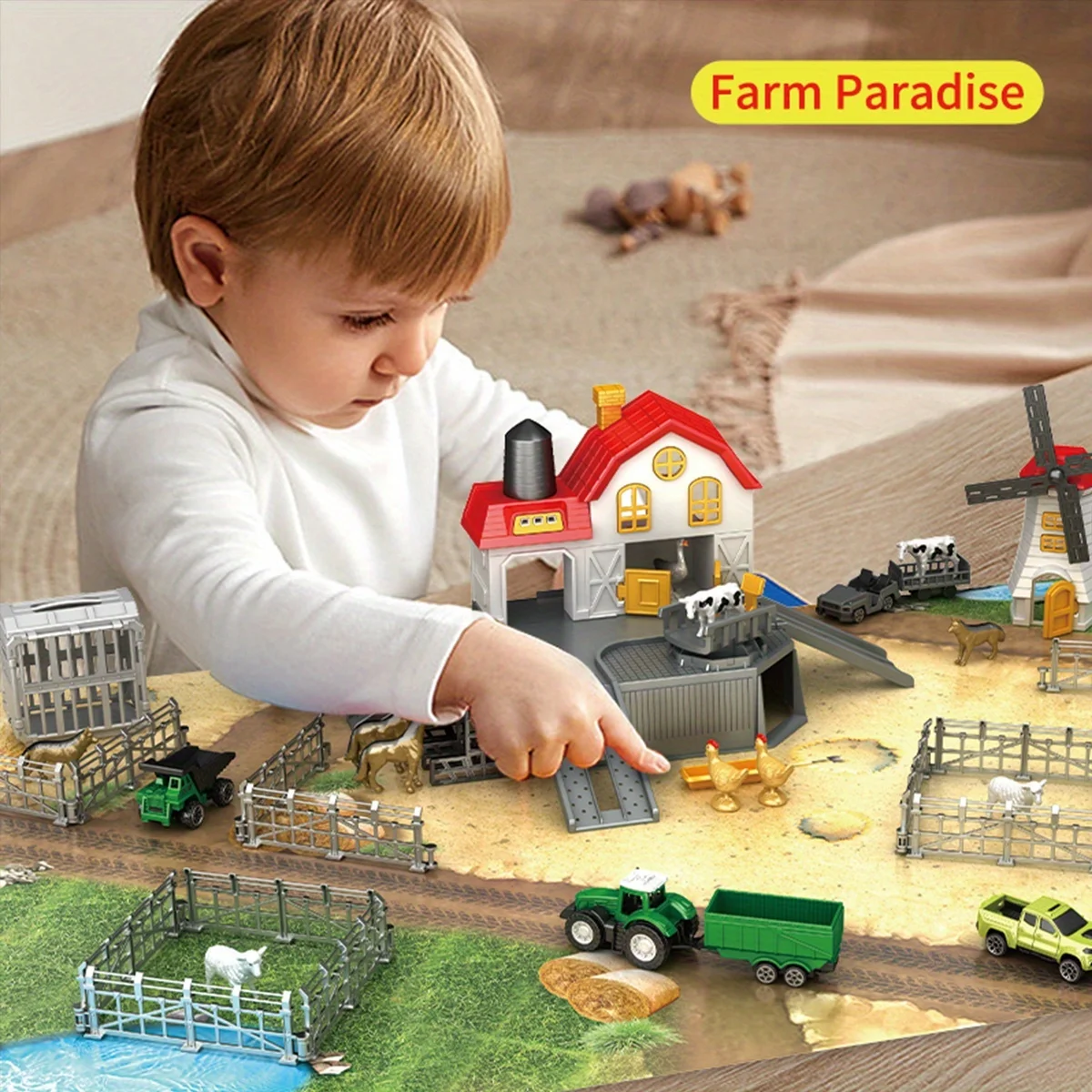 子供向け農場動物プレイセット、農場動物付き納屋プレイハウス、トラクター、トラック、フェンス、風車、プレイマット、40個以上