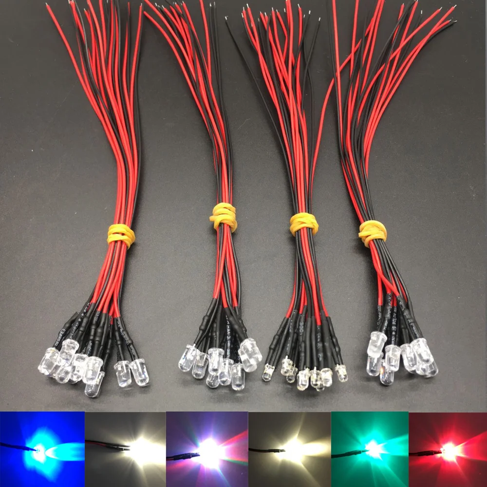 20-100pcs 3V 5V 12V 24V DC 3mm/5mm/10mm Red/Green/Blue/RGB Round Pre-Wired Water Clear LED With Plastic Holder