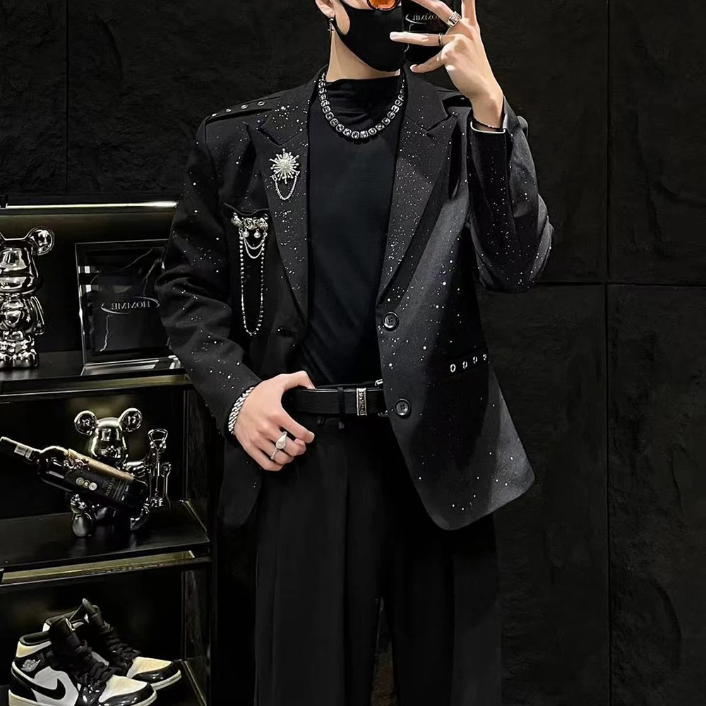 Mens Gold Foil Starry Sky Sparkling Chain Padded Shoulder Suit Jacket Streetwear Fashion Nightclub Dj Casual Jacket Men'S Wear