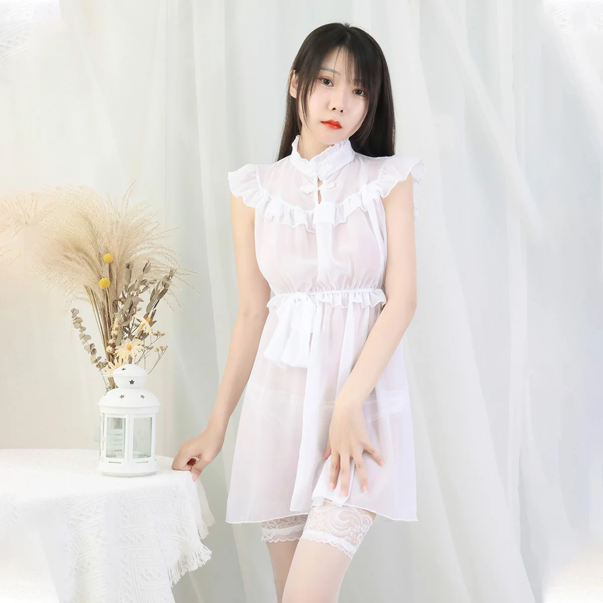 Cute White Chiffon Dress Women Maid Cosplay Costume Nightdress Underwear Sweet Retro Role Play Outfits Lingerie Princess Dress