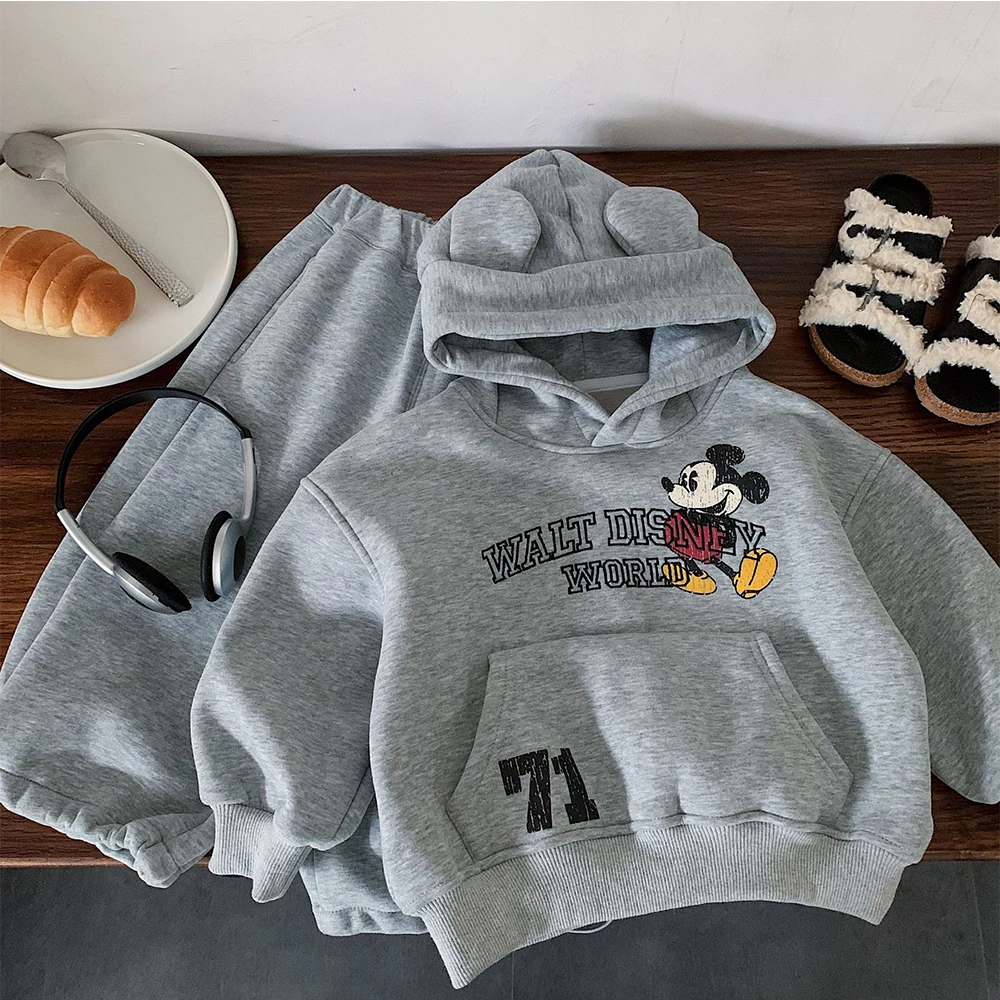 

Spring Autumn 2PCS Grey Fleece-lined Hooded Disney Cartoon Print Mickey Mouse Long Sleeve Top and Bottom Set Sporty Hoodie Suit