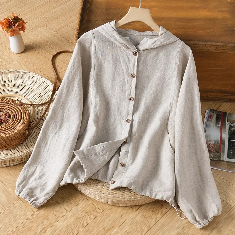 

Spring Summer New Cotton Linen Hooded Jaet Batwing Sve Thin Cardigan Long Sve Open Cardigan Versatile Top Casual Wear