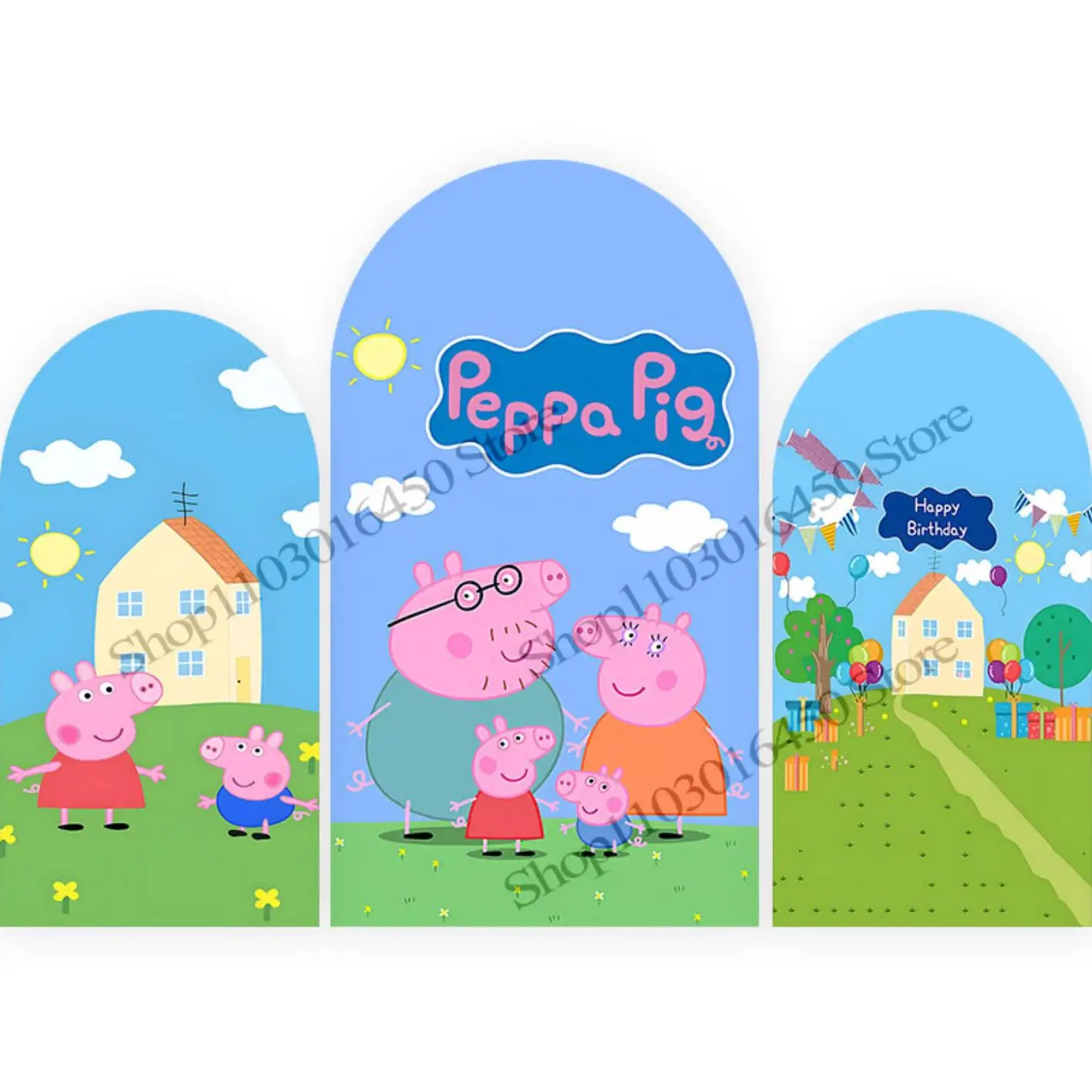 Fondo de arco de Peppa de cerdo, decoración de fiesta de cumpleaños para niñas, fondo de fotografía de doble cara, accesorios de estudio de poliéster