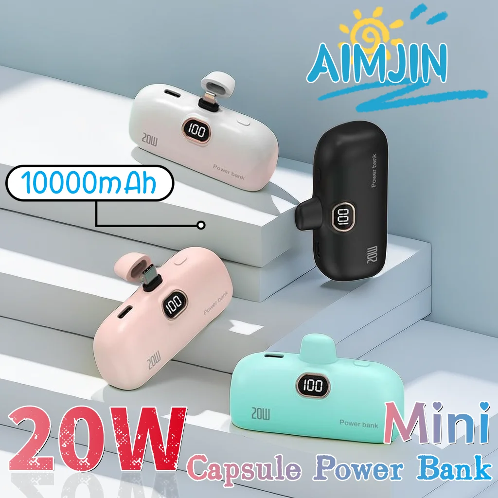 Mini Capsule Power Bank 10000mAh Digital Display 20W Fast Charging Portable Power Source Type-C Plug and Lightning Plug