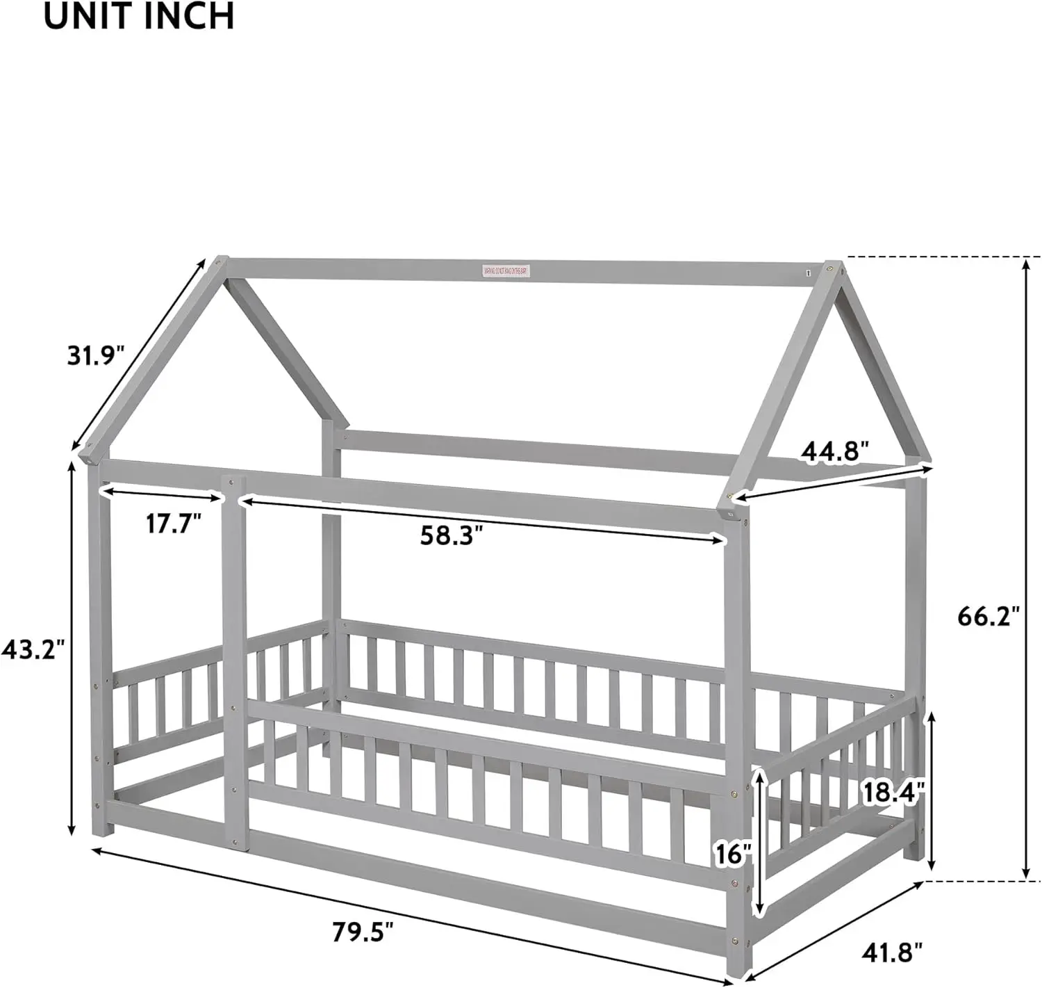 Twin Size House Frame Wooden Montessori Floor Bed with Fence for Kids, Gray