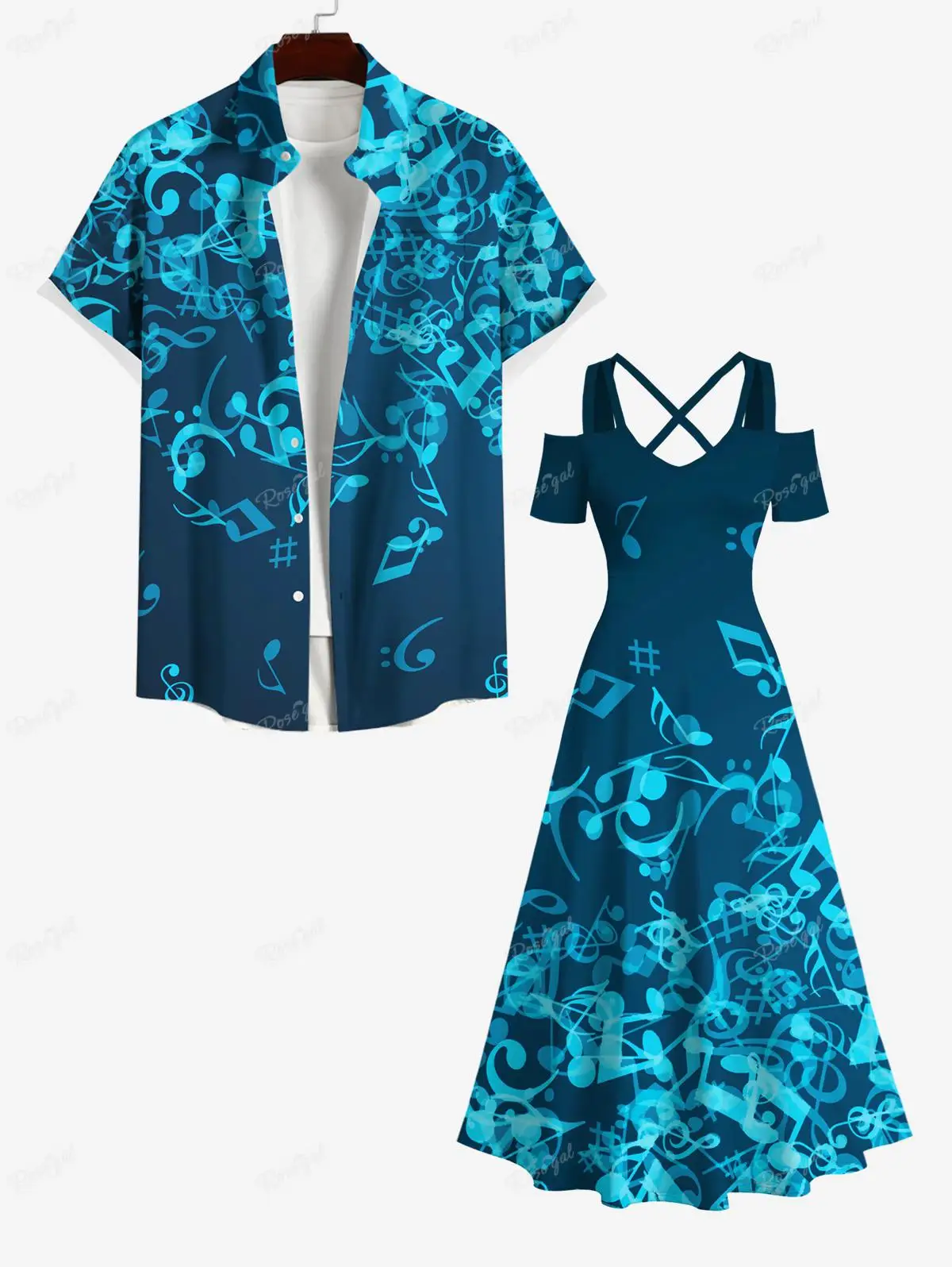 

S-3X 2024 rWomen's Dresses And Men's vestidos de talla grande Plus Size Matching Set For Couples Ombre Music Symbol Printed