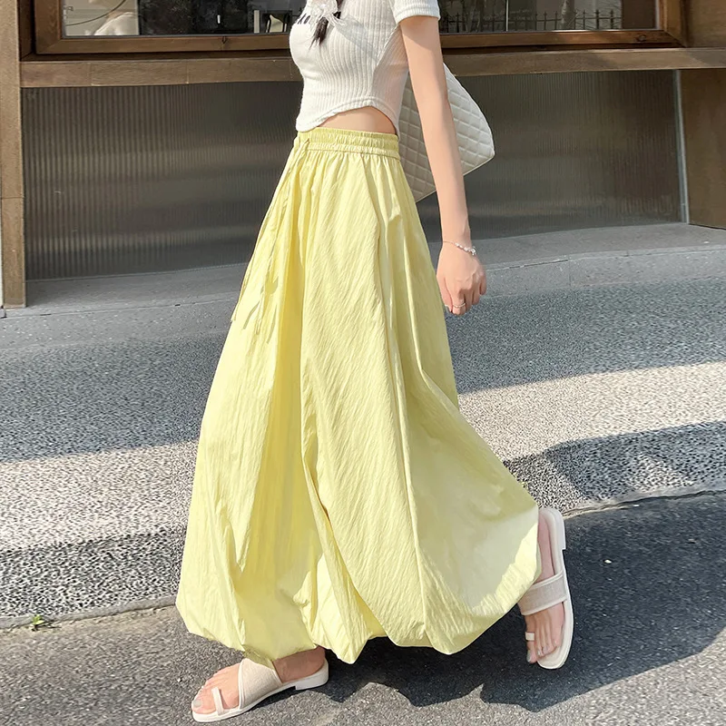 Solid Color Casual Long Skirt for Women 2026 Summer Korean Style High Waist Bubble Skirt Woman A-Line Lantern Skirts with Pocket