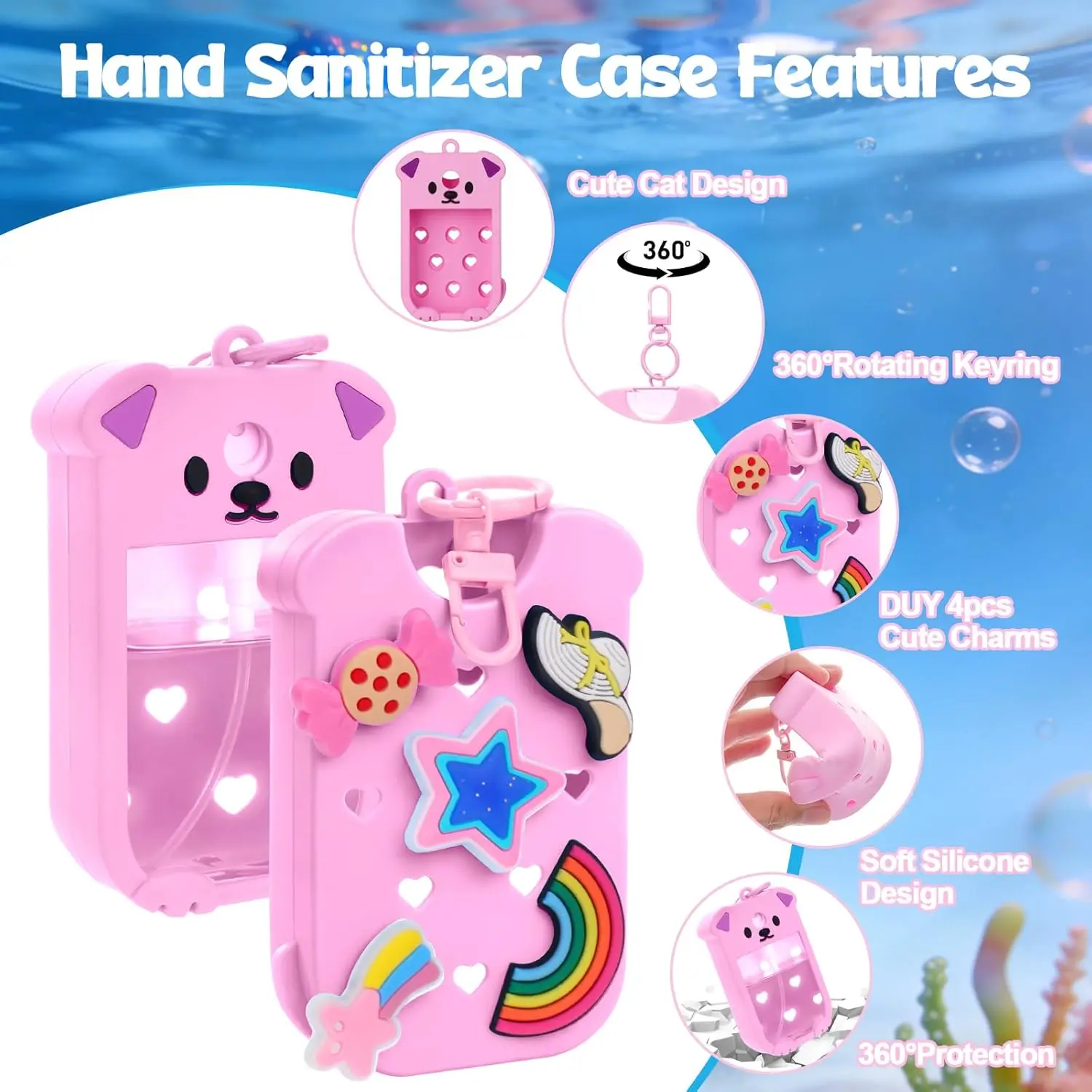 Hand Sanitizer Spray Case Compatible With Touchland, Cute Silicone Hand Sanitizer Holder Keychain with 4 Charms, Portable Refill