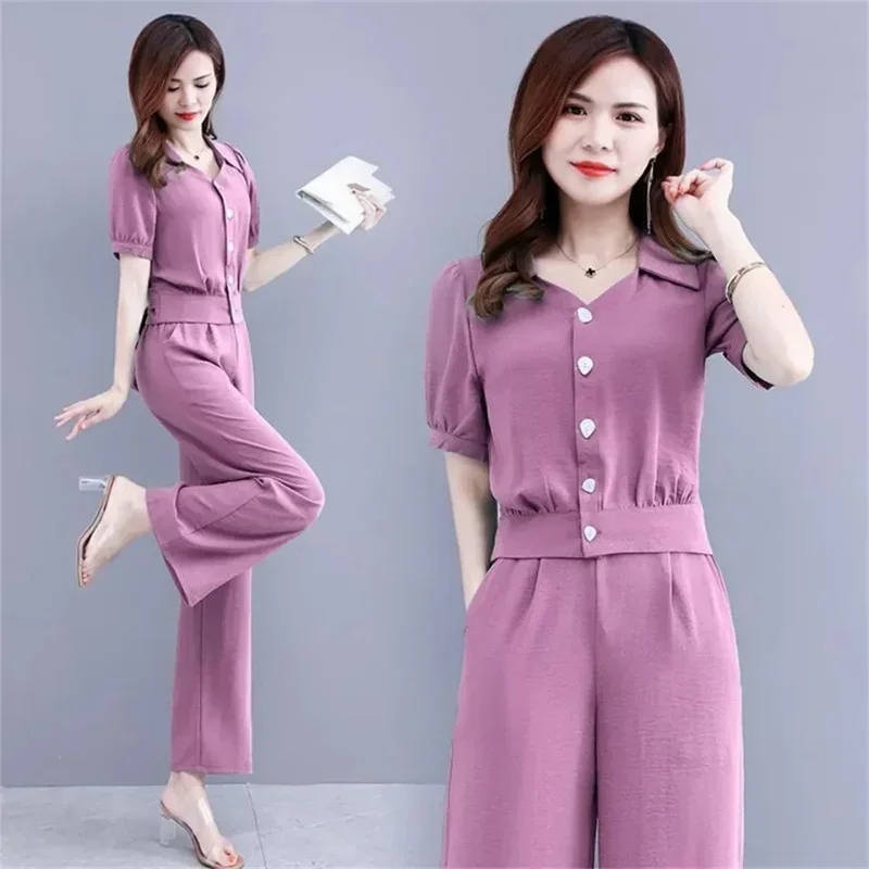

Fashion Two-piece Suit Short Sleeve V-neck Shirt And Pant Solid Color Suit For Women Elegant 3XL Trousers Suit 2025 Summer Sets