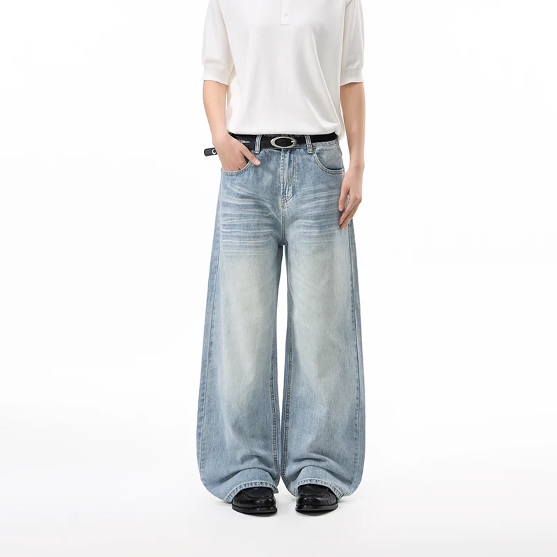 

Blue Vintage Washed Moustache Effect Men's Jeans Straight Loose Clean Fit Trousers Casual Wide Leg Denim Long Pants