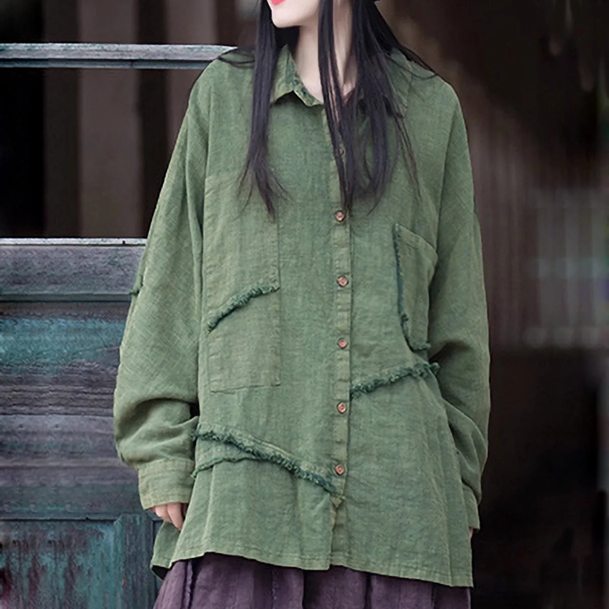 

Женская хлопково-льняная рубашка с лацканами, осенняя потертая лоскутная рубашка с длинными рукавами и нерегулярными пуговицами, повседневные свободные топы-туники