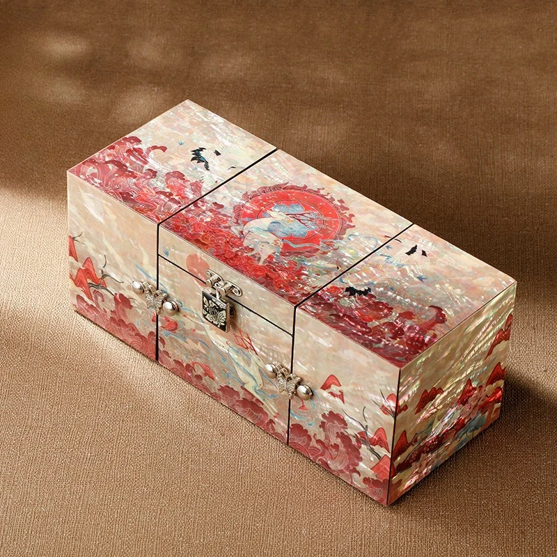Luodian lacquer jewelry box, nine-color deer three-open multi-layer national style high-end jewelry box, wedding birthday gift,