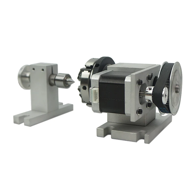 CNC 4th Axis Rotary Axis Tailstock MT2 65MM Center Height 54mm 4 Jaw Chuck NEMA 17 Motor Speed Reducing Ratio 4:1 for CNC Router