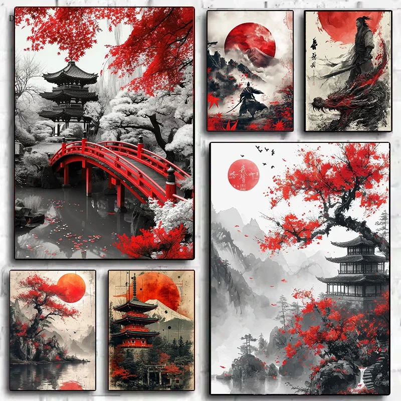 

Samurai Warrior Red Moon Diamond Painting Japanese Natural Landscape Mountain Temple Posters Vintage Wall Art Prints Home Deco