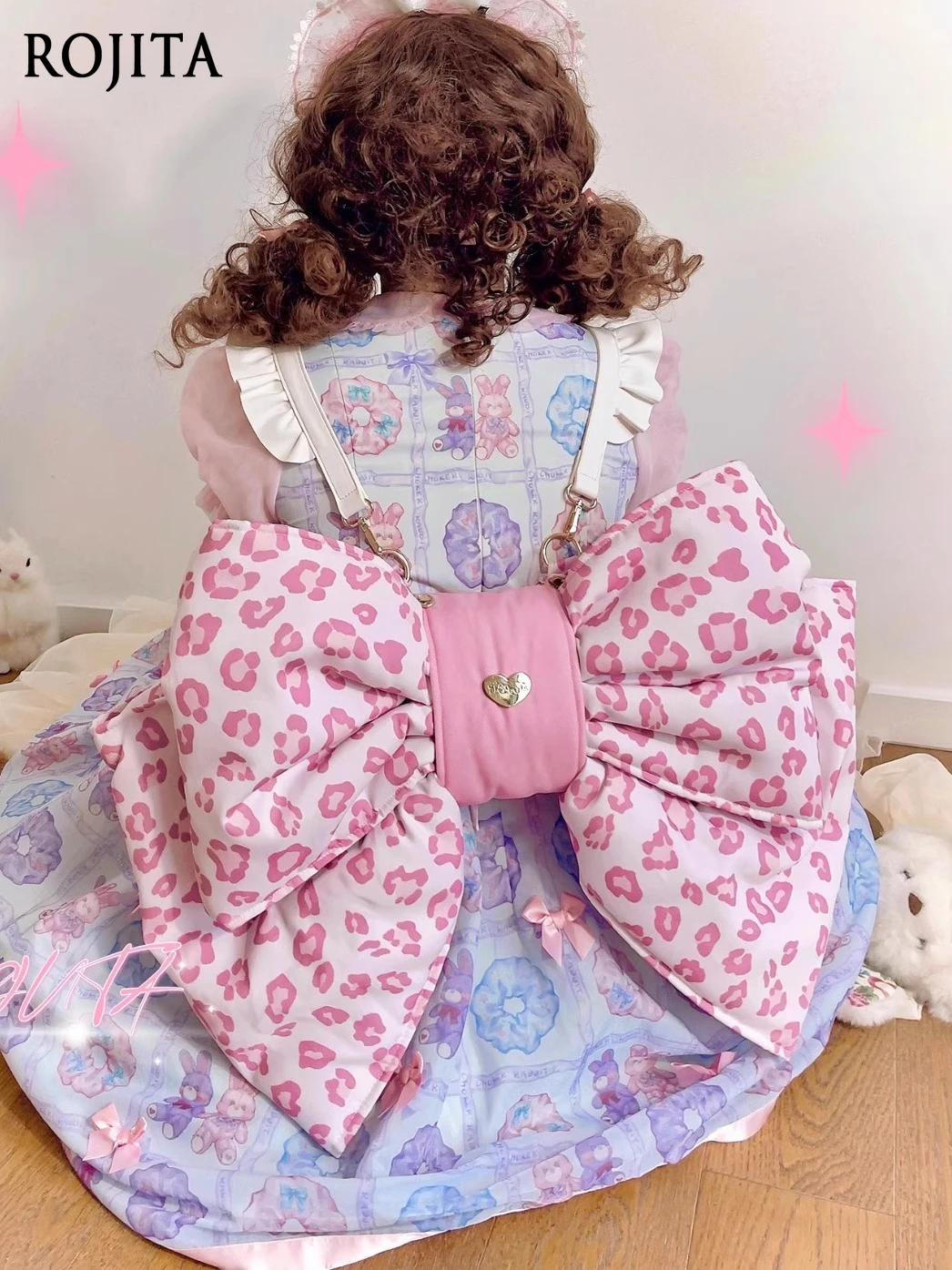 

Sexy Pink Leopard Print Bag Sweet Lolita 3D Bow Shoulder Backpack 2025 New Kawaii Girl Polka Dot Bag Kawaii Backpack