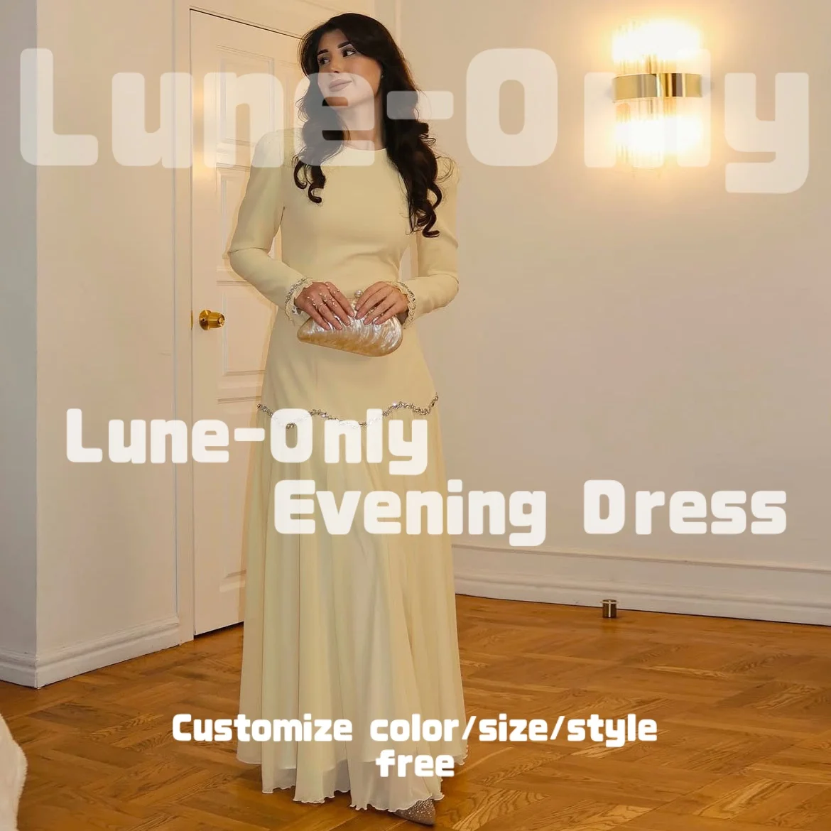 

Customized Cream Yellow Sweet Women's Formal Evening Dress Crystal Draped Long Sleeves Prom Gown Elegant Party Dresses