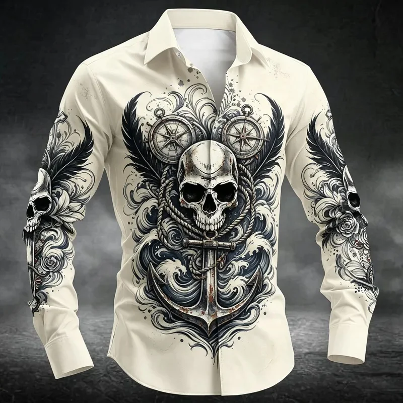 Men's Skull Anchor Compass Nautical Print Long Sleeve Shirt Lapel Button Down Tops For Party Street Daily Wear