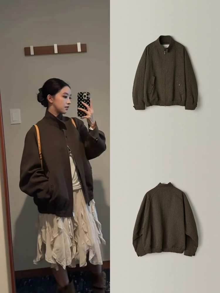 

een Brown Tweed Jaet Women Simple Design Zipper Stand Collar Coat Long Sve Warm Outerwear Casual Autumn Outerwear