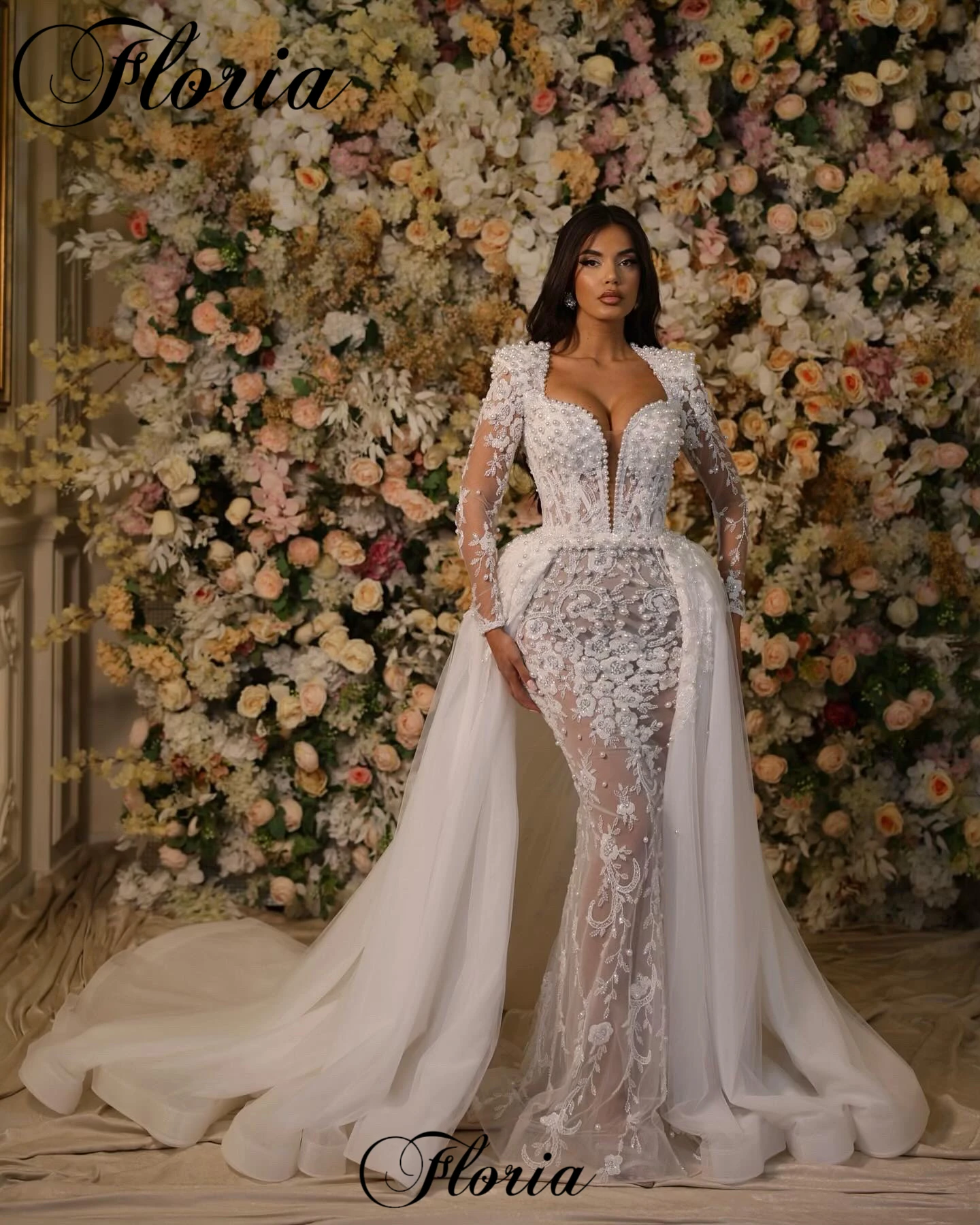 Nowe białe kwiecista koronka suknie wieczorowe z odpinanym pociągiem z długimi rękawami suknie zaręczynowe eleganckie Vestidos Femenino suknia wieczorowa