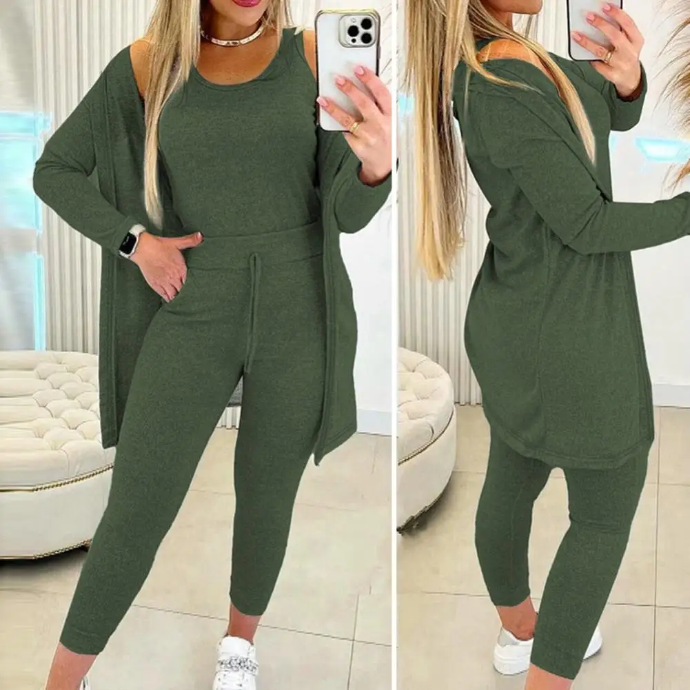 Women 3-piece Suit Women\'s 3-piece High Waist Elastic Sweatpants Suit with Vest Mid Length Coat for Fall Winter Sports Women