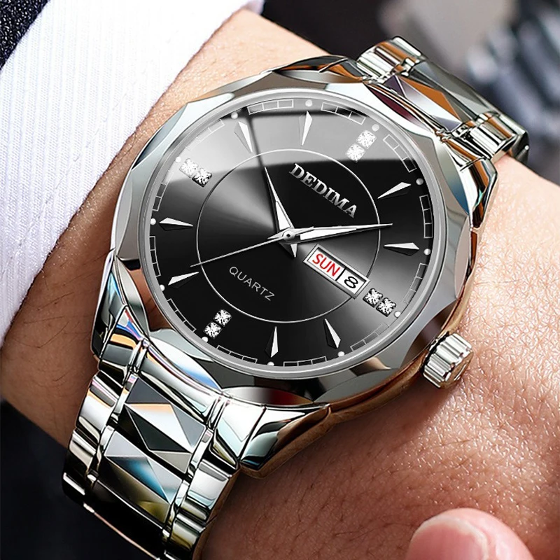 

Trendy Men's Waterproof Quartz Watch Stainless Steel Double Calendar Fashion Dress Business Style Wristwatch