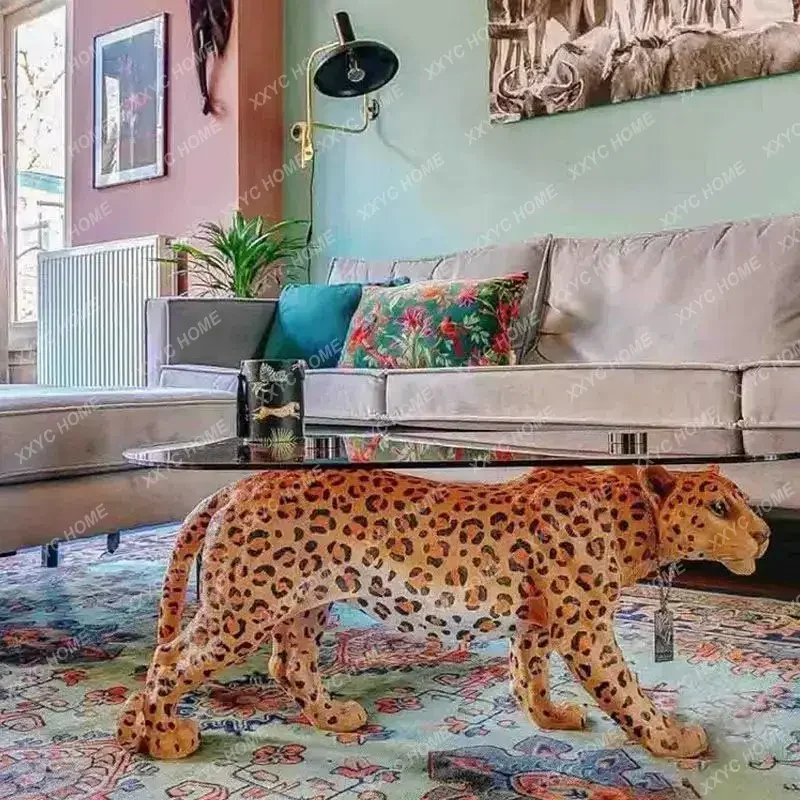 Modern Simple and Light Luxury Animal Tea Table Pink Leopard Tempered Glass Tea Table