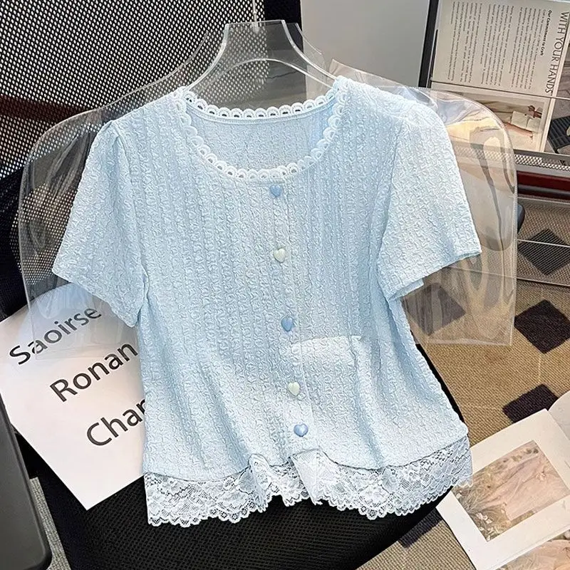 Slimming ort Sve T-irt Women's Lace Trim Patchwork Summer New Sle Outerwear Single Button ort Length Top