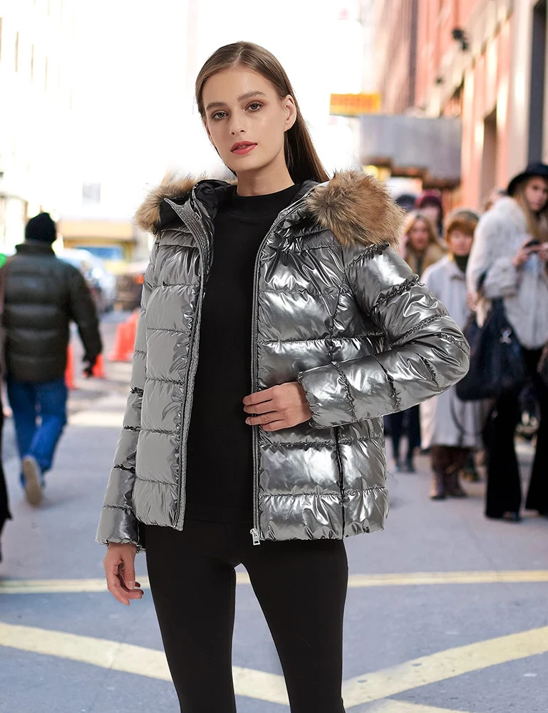 Giolshon Women Quilted Lightweight Puffer Coat Warm Fur Collar Hooded Jacket Female Shiny Patent Parkas Down Coats Outerwear