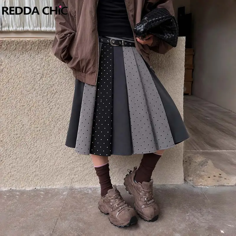 ReddaChic Women's Polka Dots Pleated Skirt Retro Modern Low Waist Contrast Stitch Midi Long A-line Skirt Autumn Causal Bottoms