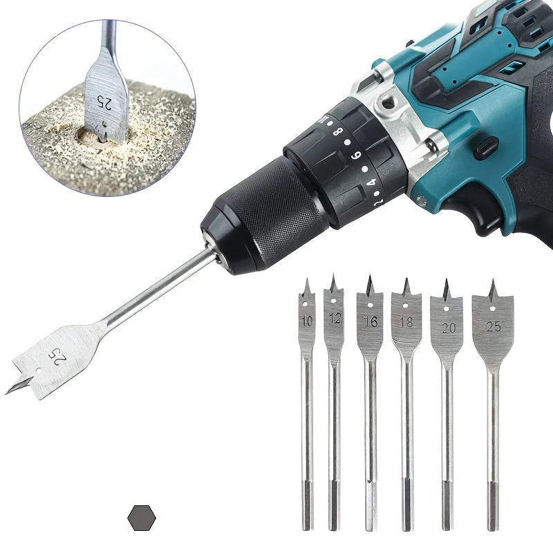 

‌6-Pc Triangular Flat Drill Bit Set w/ Hex Shank - Hole Saw for Drawer Locks, Cabinets & Precision Wood Drilling‌