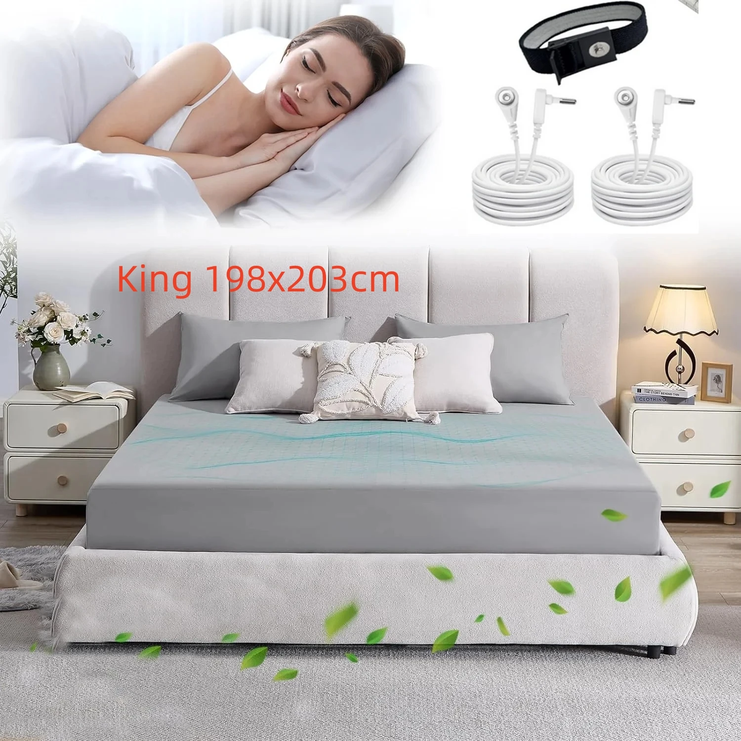 

King (78"x80")Grounding Sheets Earth Grounded Fitted Bed Sheet 5% Silver Fiber+95% Organic Cotton, Bed Grounding Kit