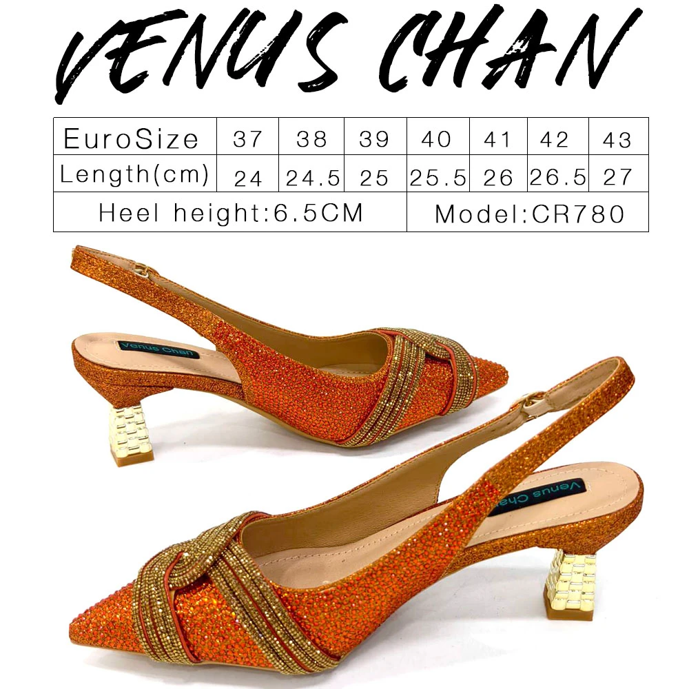 Venus Chan 2024 Special Design High Quality Orange Color African Women Shoes and Bag Set with Shinning Crystal for Wedding Party