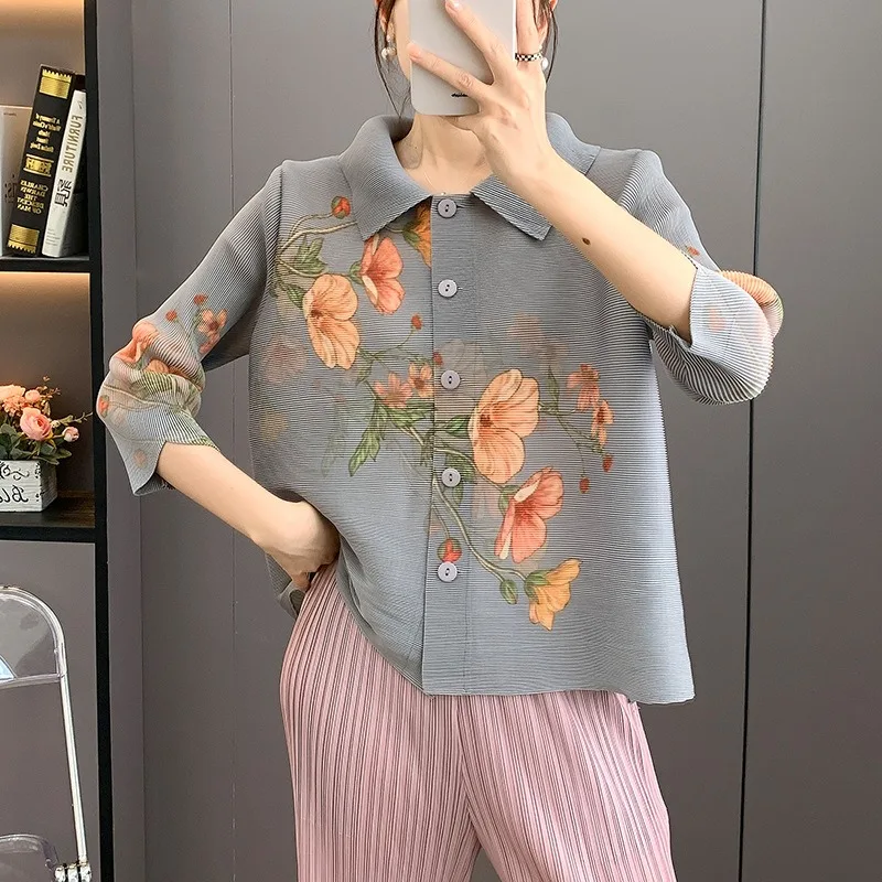 

Miyake Pleated Shirt Jacket Female Slim Fashion Simple Wild Solid Colour Leisure 2025 Autumn New Cardigan Tops Women Clothing