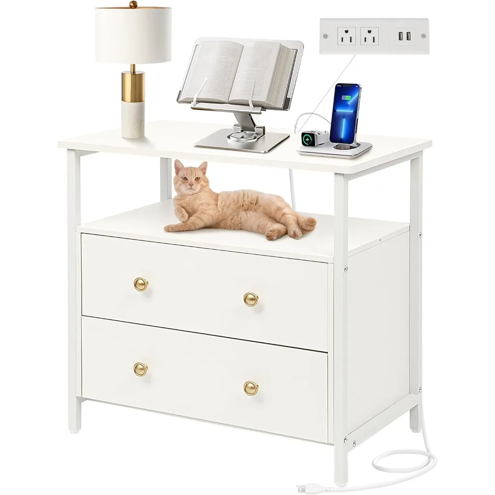 Bedside Table With Open Shelf Bedroom Furniture 27 Inch Wide Nightstand With Charging Station End Side Table for Bedroom (White)