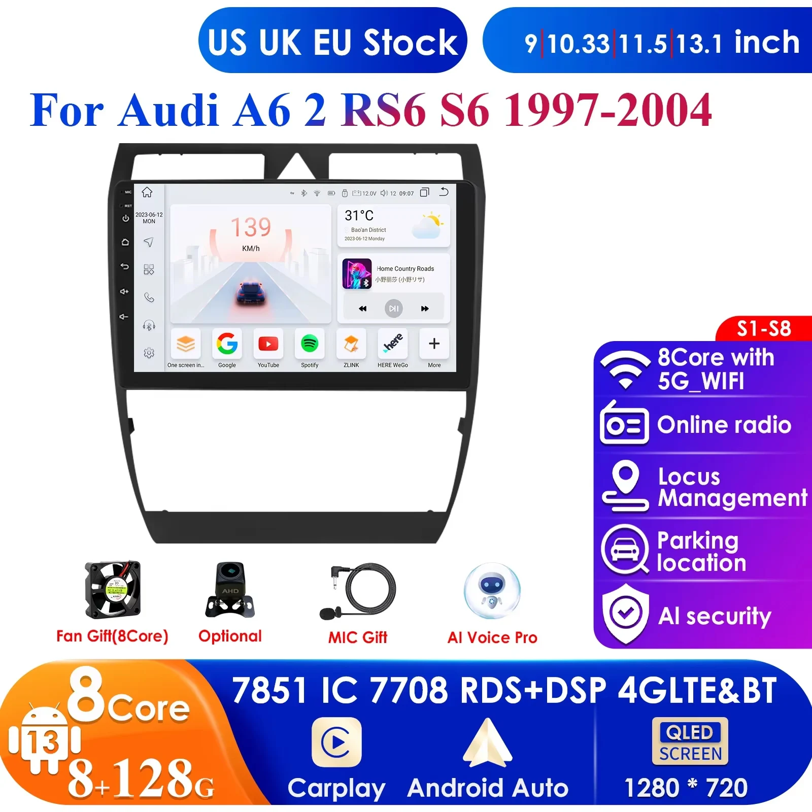 

Carplay 4G 9'' 8+128 2din Android 13 Car Radio Multimedia Video Player for Audi A6 C5 1997-2004 S6 RS6 Autoradio GPS DSP WIFI BT