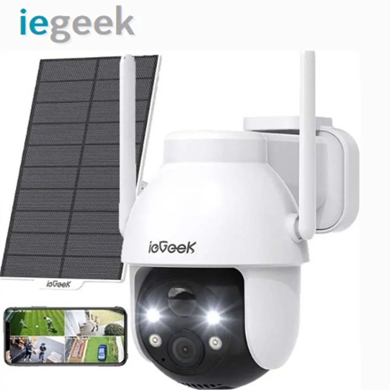 Iegeek 2K 3mp 360 ° PTZ HD caméra de surveillance solaire extérieure, batterie extérieure avec capteur de mouvement PIR, vision nocturne couleur