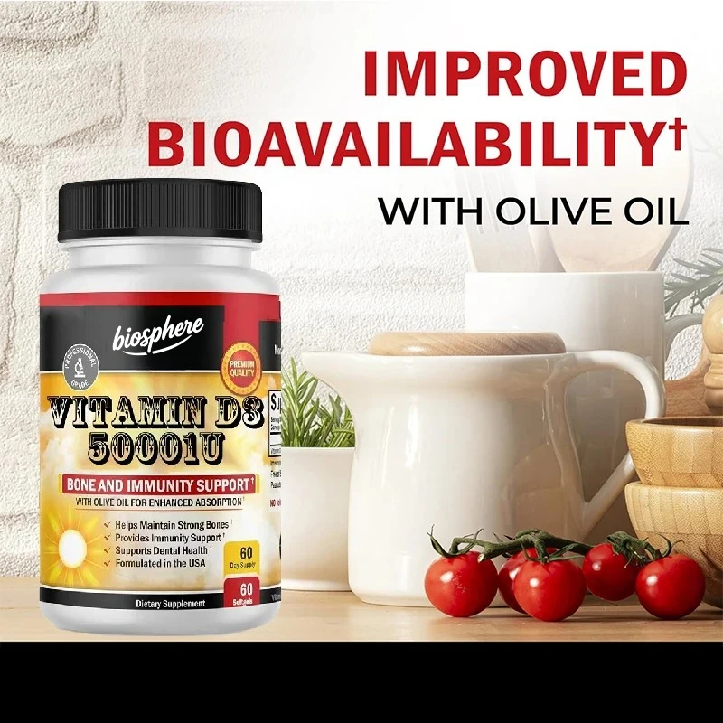 Vitamin D3 5000iu capsules added with olive oil to enhance absorption - bone and immune skin health support