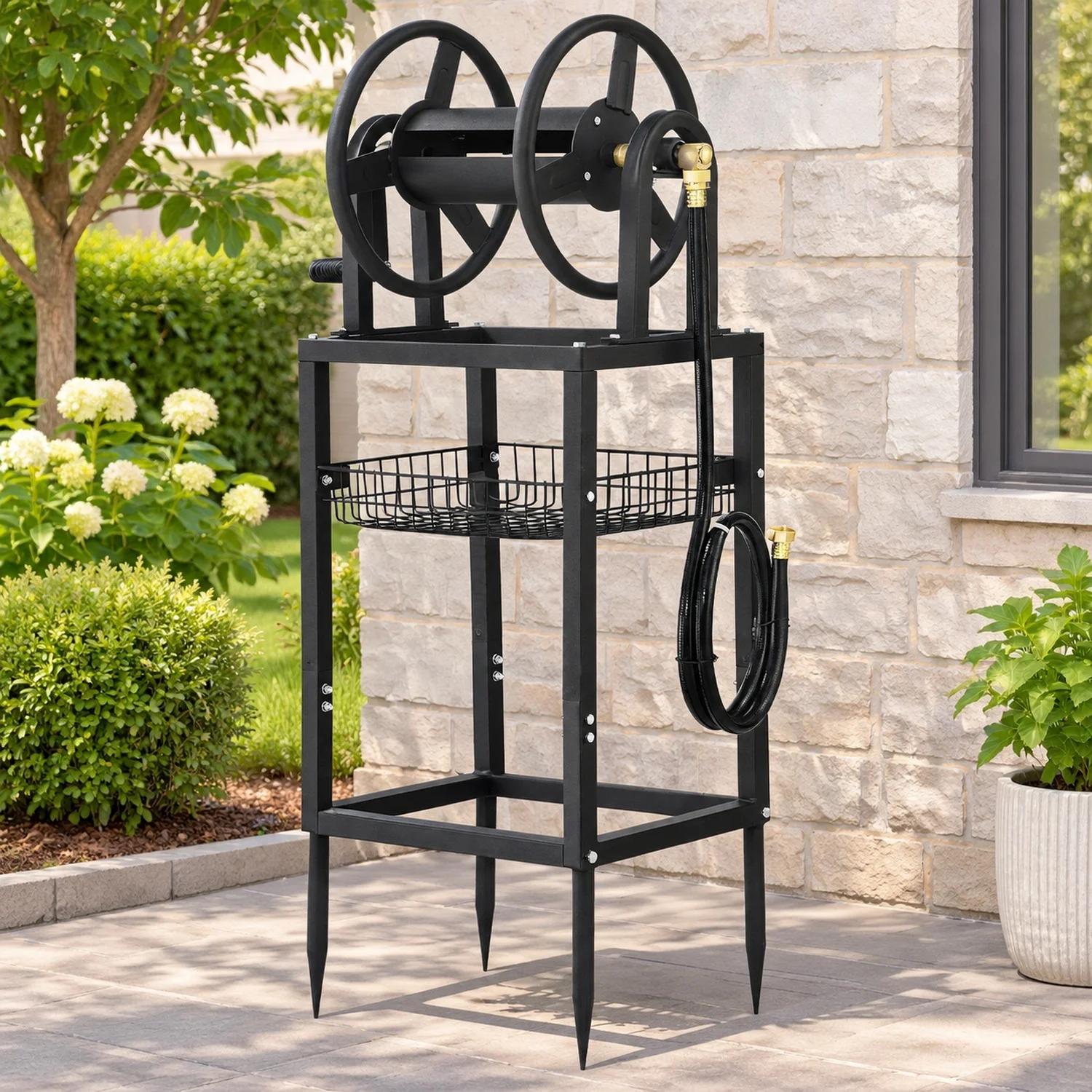 Freestanding Garden Hose Reel, Holds 125 Feet of 5/8-inch, Wall Mount or Ground, Detachable Holder Stand with Storage Rack, 5 ft