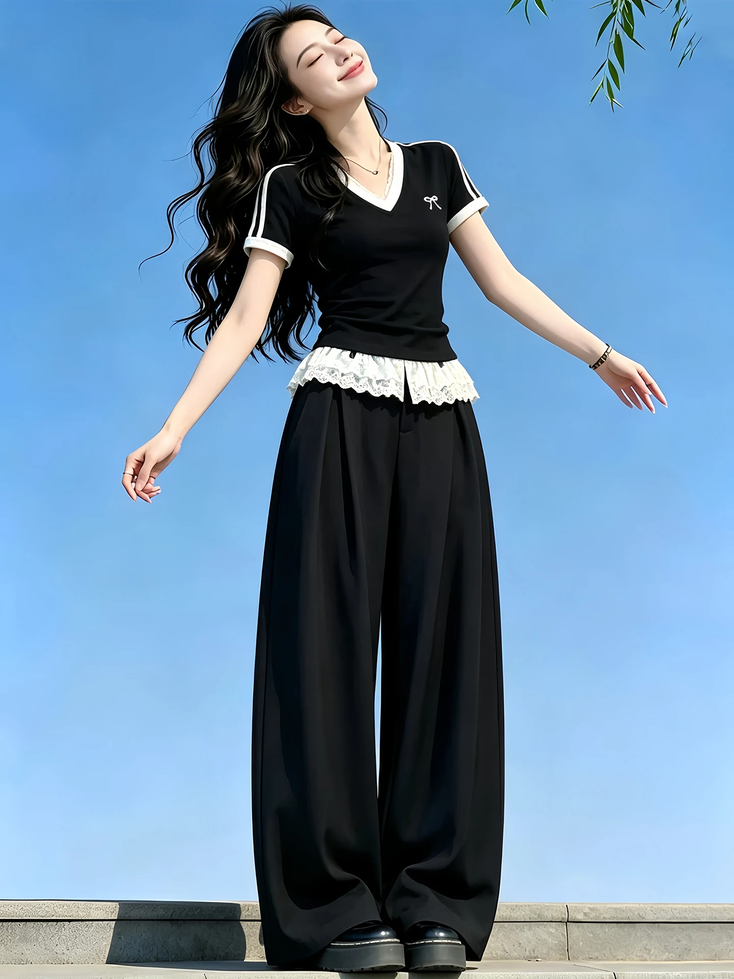 

Summer Lace Short Sleeve T-Shirt Women's New Style Short Slim Fit V-Neck Top with High Waist Wide Leg Pants Fashion Set