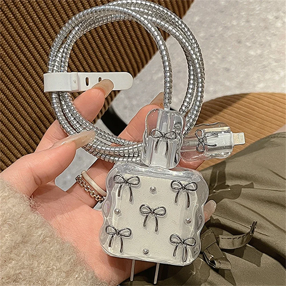 Cute 3D Clear Bowknot Pearl USB Cable Protective Cover for IPhone 18W/20W Data Line Bite Head Cord Fast Charging Protector Case