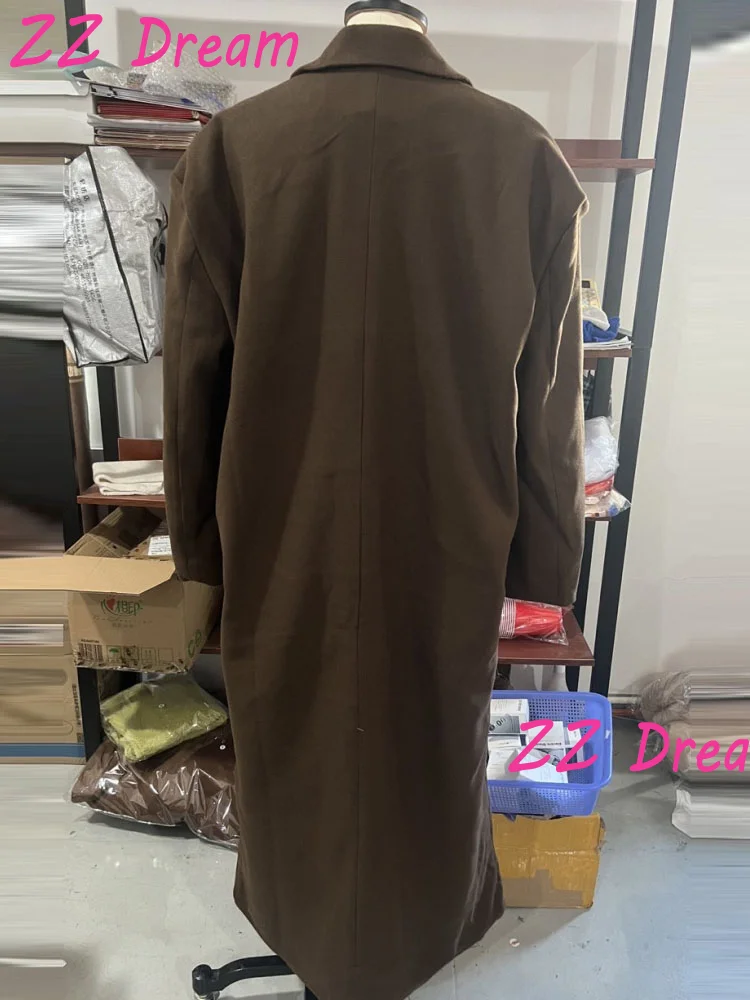 Fashion Women's Faux Wool Long Coat Vintage Lapel Long Sleeve Double Breasted Female Coat 2025 Autumn Winter Loose Lady Overcoat