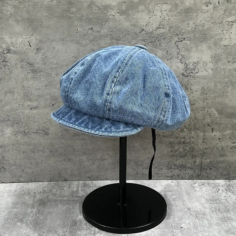 Vintage Washed Denim Fabric Newsboy Cap for Women Street Summer Spring Sun Protection Octagonal Hat Breathable Cotton Beret Cap