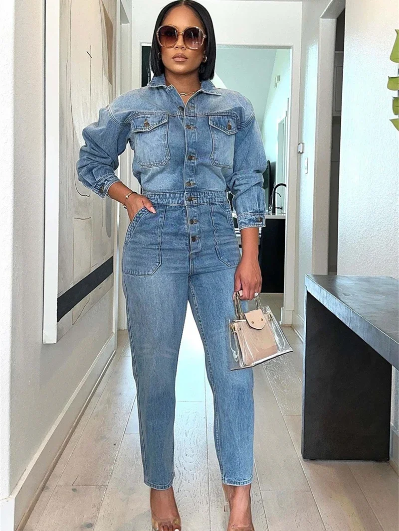 Streetwear Jeans Jumpsuit Autumn Clothes Women 2024 Full Sleeve Turn Down Collar Denim Rompers Cowboy One Pieces Overalls Outfit