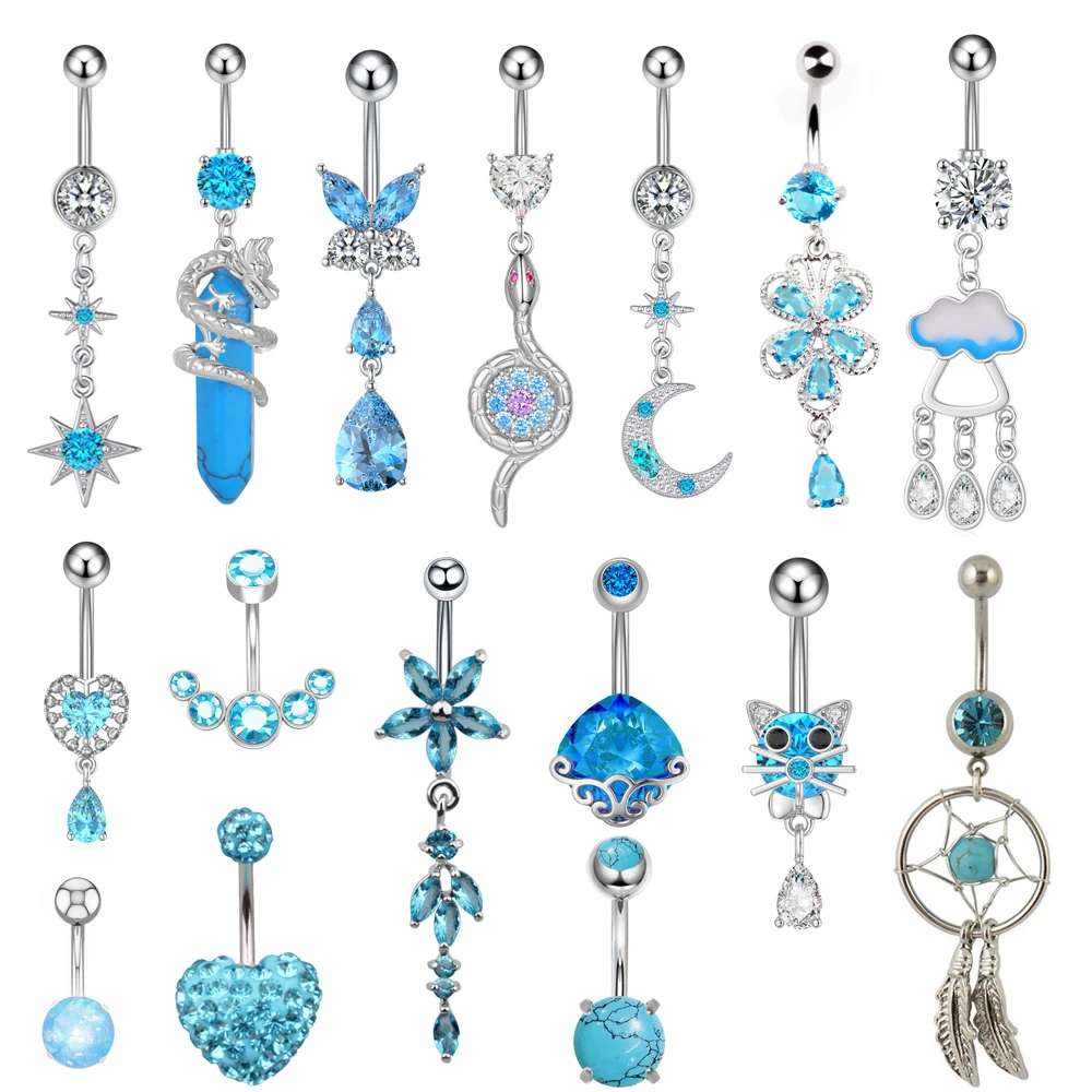 Long Dangled Blue Zircon Crystals Belly Button Rings 14G Snake Cat Dragon Belly Pirecing Flower Navel Piercings nombril Jewelry