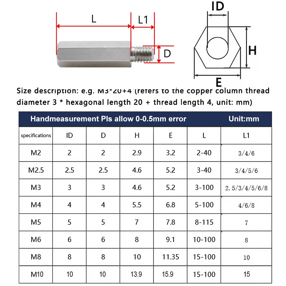304 Edelstahl Abstandshalter PCB-Stütze Männlich zu Weiblich Sechskant-Platinenabstandshalter Säulen Abstandsbolzen M2 M2.5 M3 M4 M5 M6 M8 M10 – Detail 2