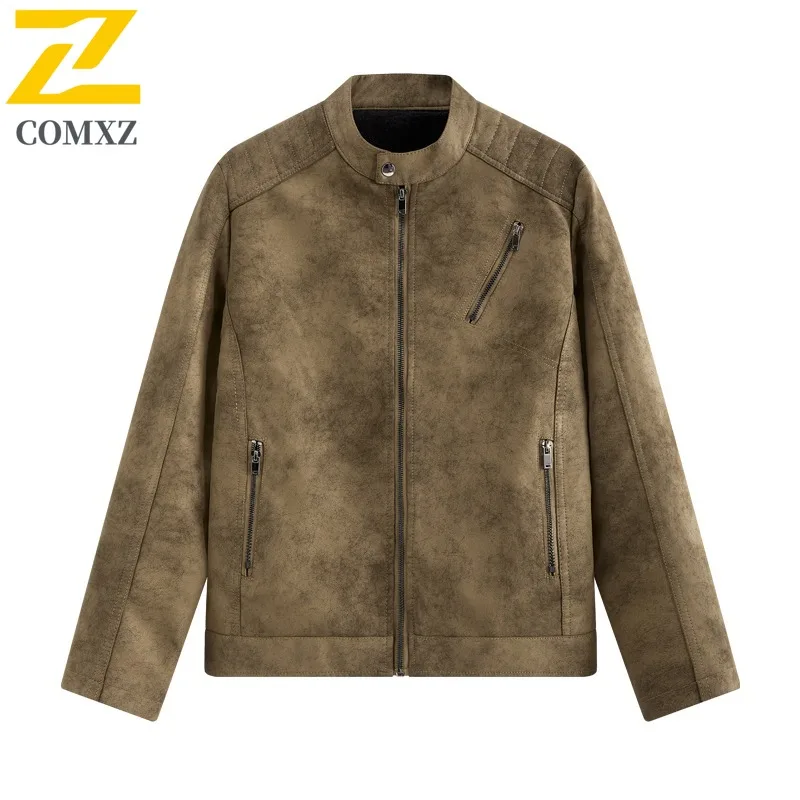

COMXZ Luxury Stand Collar Men Leather Jacket Hiking Travel Windproof Coat Fashion Casual Cycling Lightweight Autumn New Clothing