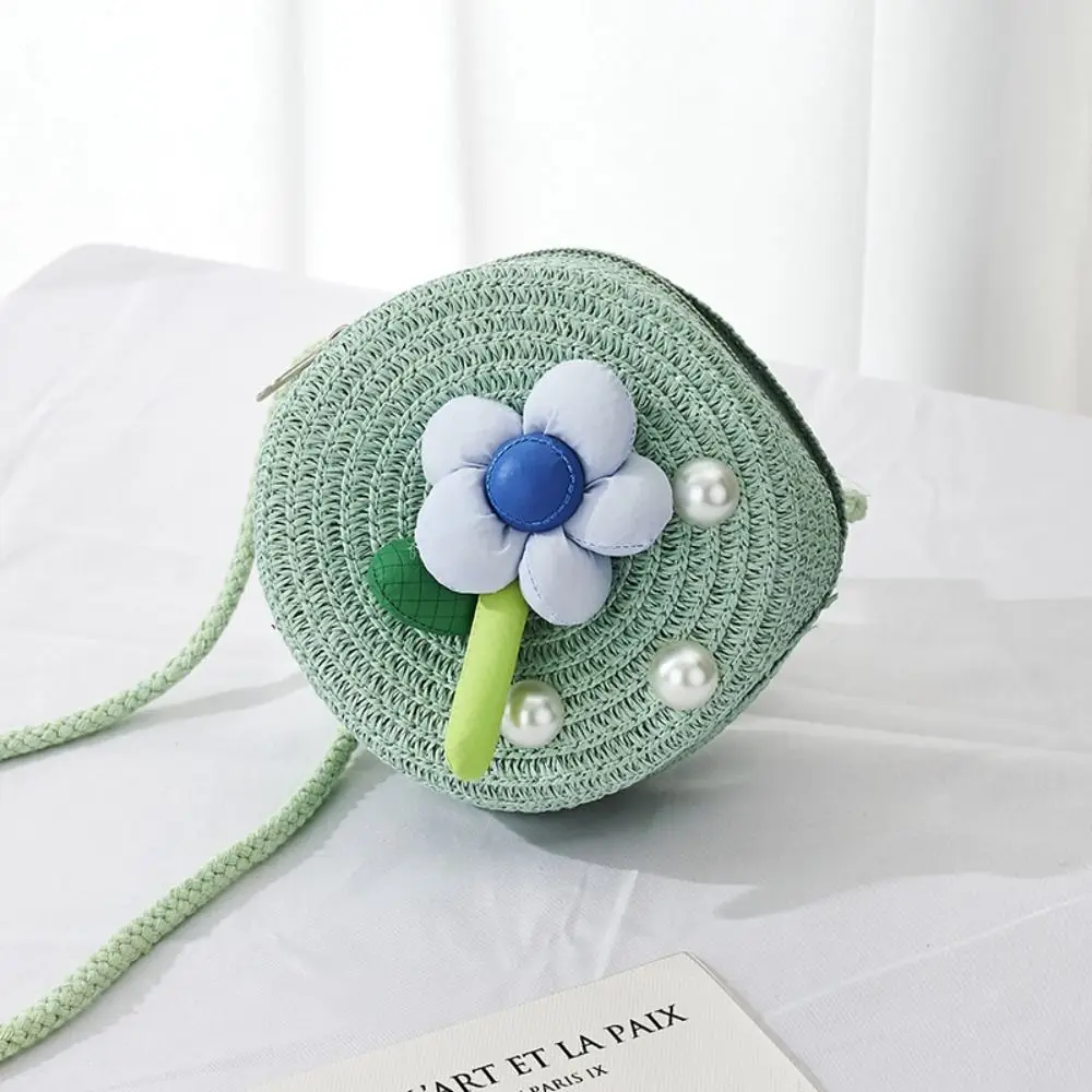 Cute Handmade Kids Straw Bag Woven Round Shoulder Bag Pearl Flower Summer Beach Bag for Children Girls