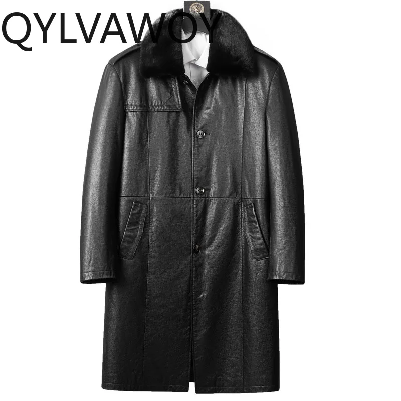 

QYLVAWOY Men's Genuine Cowhide Leather Trench Coat 2026 Winter Long Mink Fur Lining Real Fur Coat Warm Leather Jacket Overcoat
