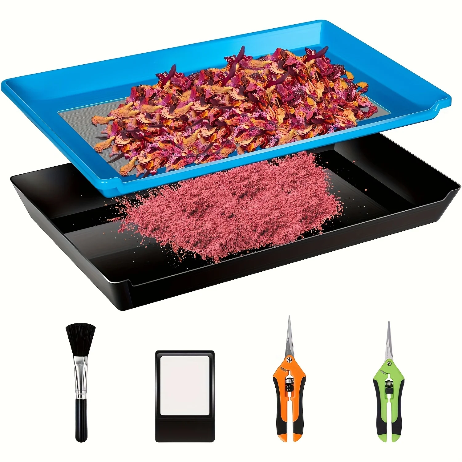 

Trimming Tray with Dry Sift Tools Trim for Pollen and Herbs with Screen 2-in-1 Herb Sifter 150 Micron Screen 2 Scissors(Blue)